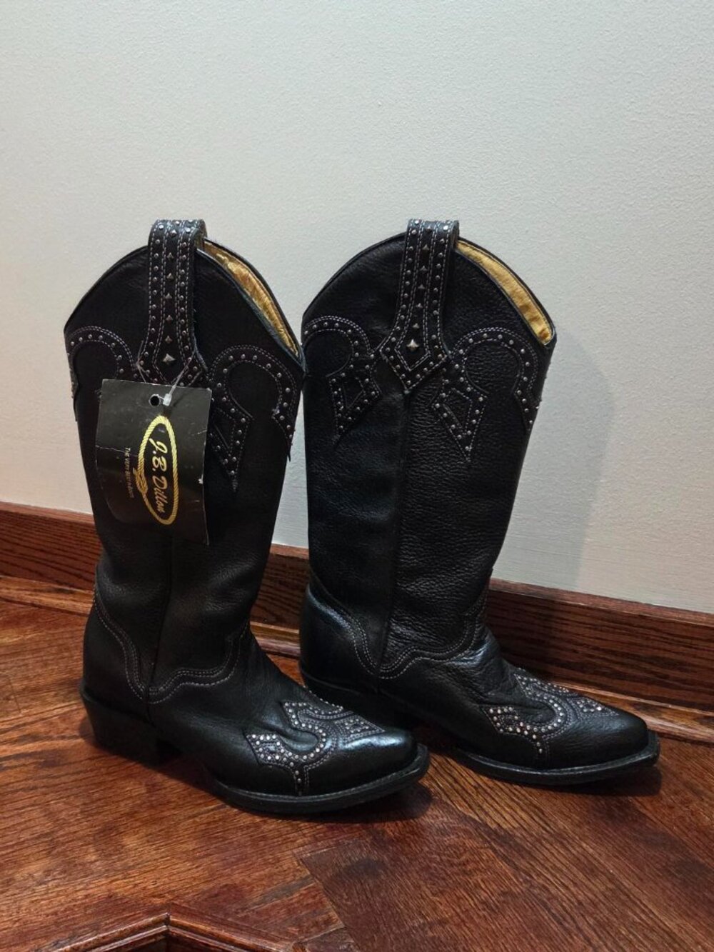 J.B. Dillon Black Leather Studded Western Cowgirl Boots Size 7 NWT